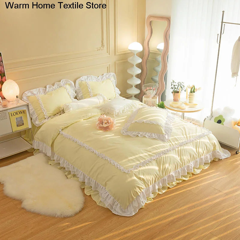 Korean Ins Bedding Set, Luxury Quilt Cover, Pillowcase Flat Bed Sheets, Simple Girl Princess Ruffle Home Textiles