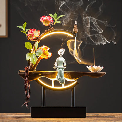 Ceramic Maid Wood Backflow Incense Burner with 20 cone USB Led Light Circle Lotus Buddha Beads Home Office Decoration Furnishing