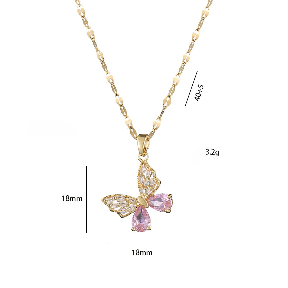 Colorful Zircon Butterfly Pendant Necklaces for Women Girls Stainless Steel Trendy Romantic Jewelry Accessories Gifts