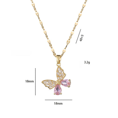 Colorful Zircon Butterfly Pendant Necklaces for Women Girls Stainless Steel Trendy Romantic Jewelry Accessories Gifts