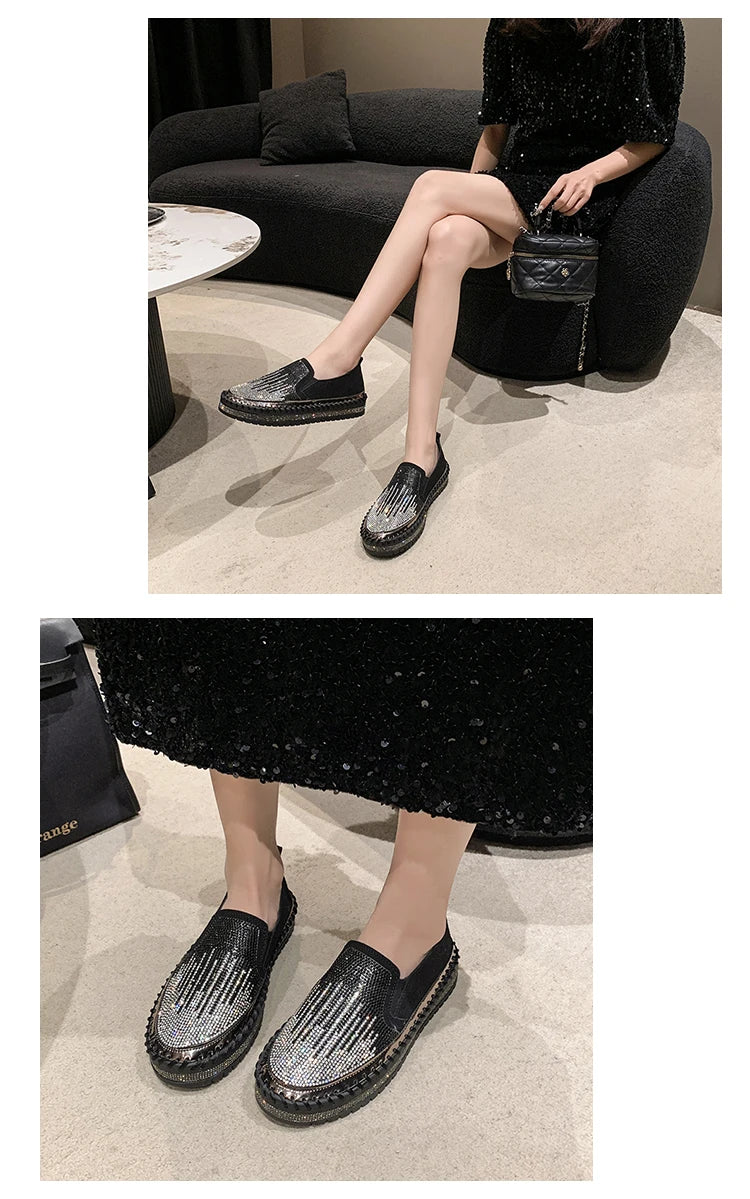 2025 New High Quality Women's Water Diamond Casual Shoes Shiny Flat Vulcanized Shoes Luxury Designer Thick Bottom Casual Shoes