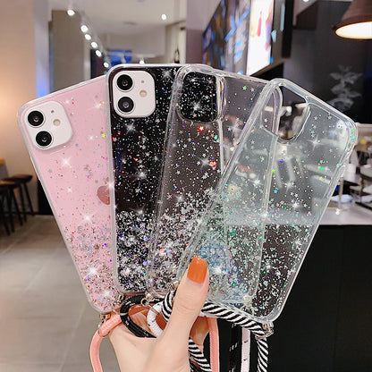 With Neck Strap Rope Cord Clear Glitter Case for iphone 11 12 13 14 15 pro max se 2 2020 2022 Crossbody Lanyard Cover Fundas