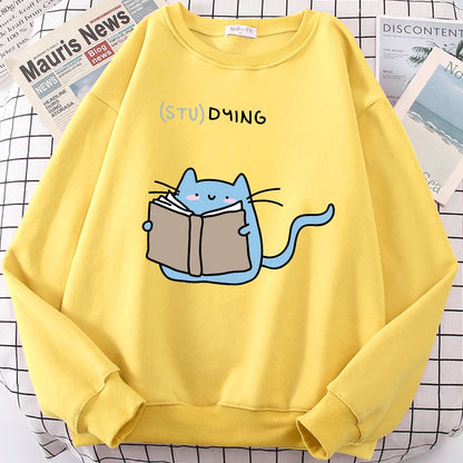 Females Sweatshirts Love Studing Cute Cat Printed Tops Womens Korean Fashion Oversize Sweater Kawaii Animal 2022 New Lady Hoodie