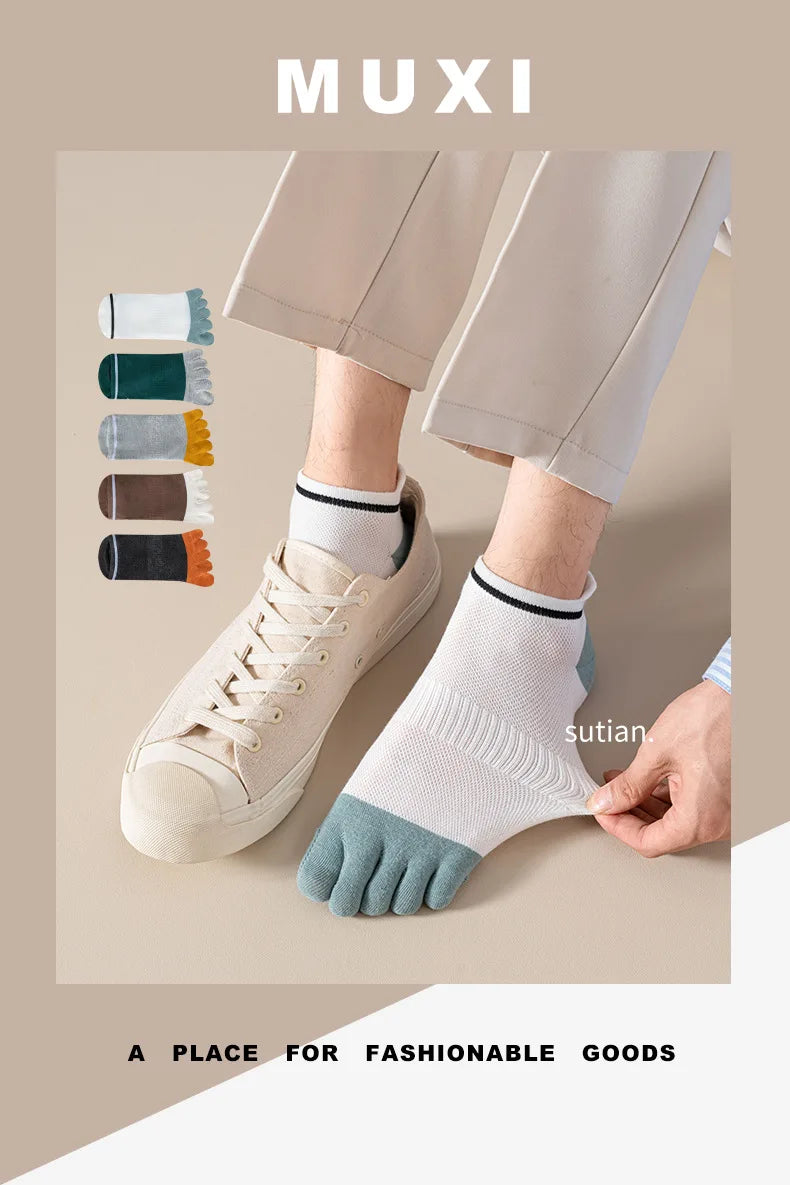 5 Pairs Man Toe Boat Socks Summer Cotton Mesh Breathable Sweat-Absorbing Patchwork Striped Elastic Ankle 5 Finger Sport Socks