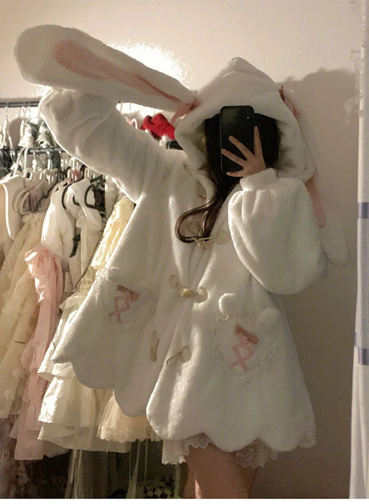 Japanese White Kawaii Plush Sweatshirt Jacket Casual Warm Rabbit Ears Hoodies Female Autumn Winter Cute Bow Sweatshirts Coats