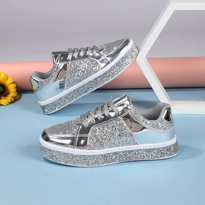 Women's Platform Sneakers Punk Sequin Laser Leather Casual Shoes City Walk Thick Sole Sports Shoes Spangle Nightclub Party Shoes