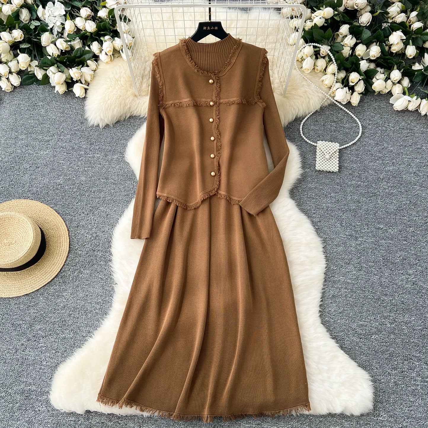 Chic Women Two-Piece Sets Basics O-neck Single Breasted Vest and Slim Long Sleeve Knit Dress French High Street Winter Clothing