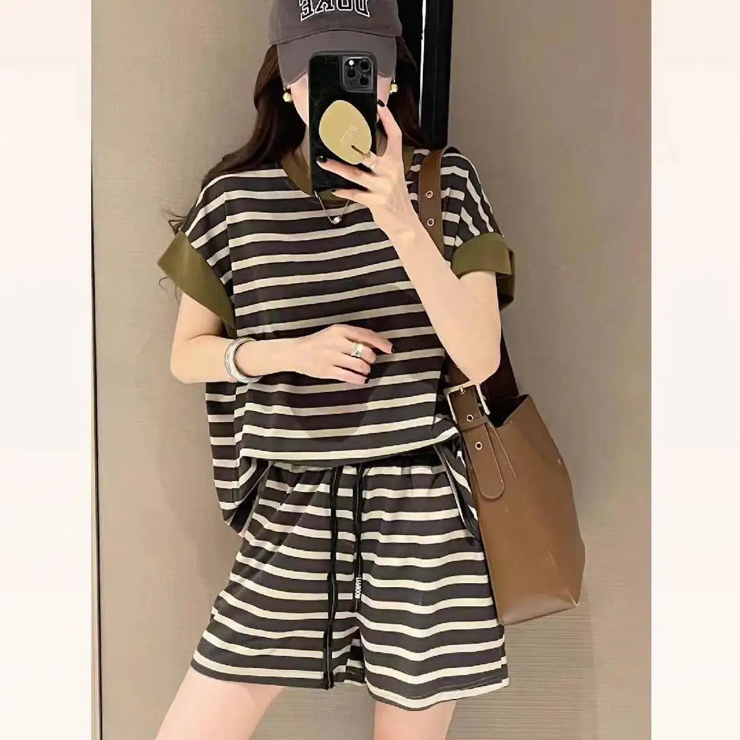 Women Striped Clothing Sets Short Sleeve T-shirt+Drawstring Shorts Two Pieces Suits Summer Loose Tracksuit Ladies Casual Outfits