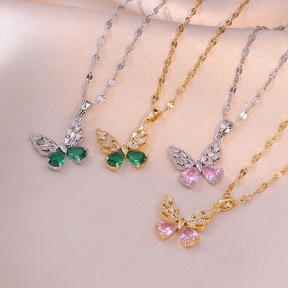 Colorful Zircon Butterfly Pendant Necklaces for Women Girls Stainless Steel Trendy Romantic Jewelry Accessories Gifts