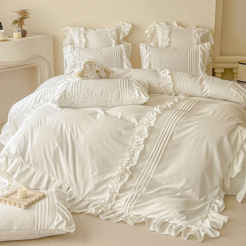 Korean Princess Style Lace Ruffles Bedding Set Solid Color Duvet Cover Set Flat/Fitted Bed Sheet Pillowcases With Pillowcases