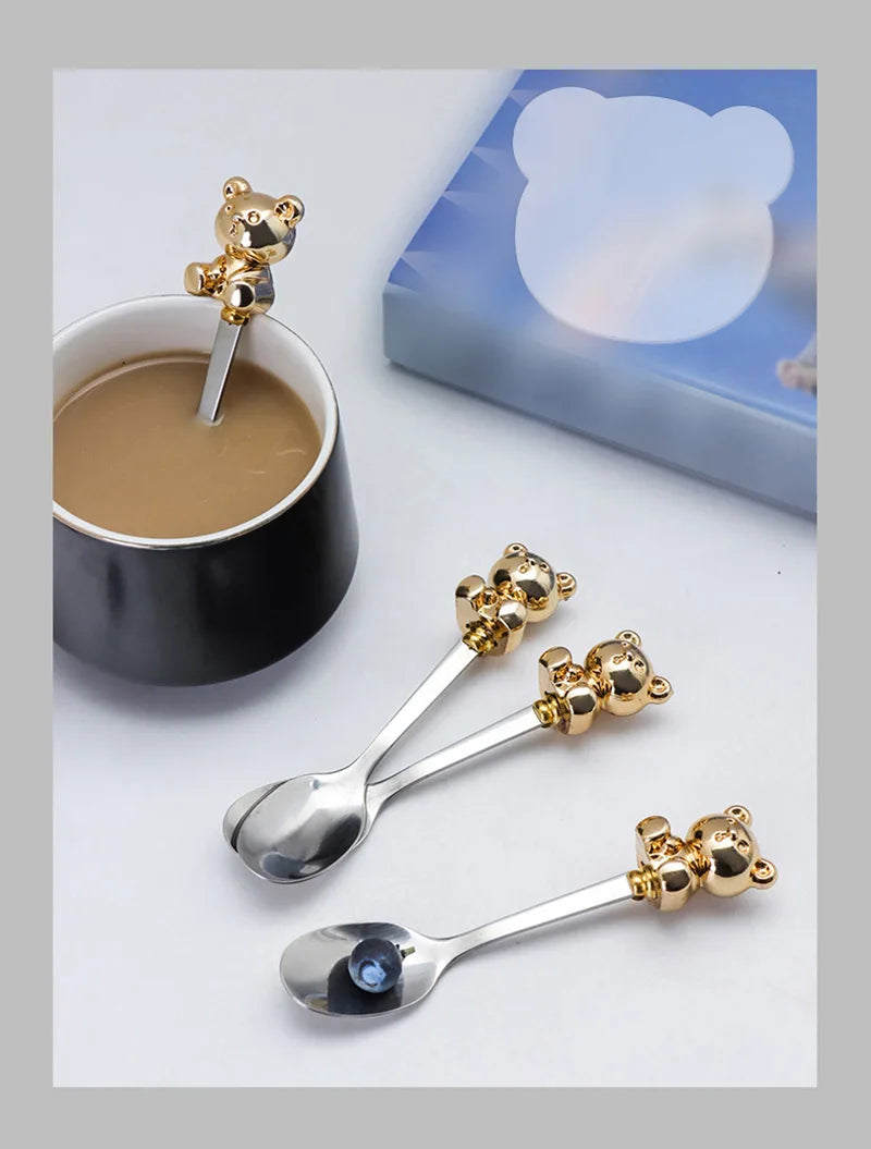 Korean Style Bear Coffee Dessert Spoon Fork 304 Stainless Steel Coffee Stirring Tea Dessert Scoop Cute Cartoon Bear Dinner Spoon