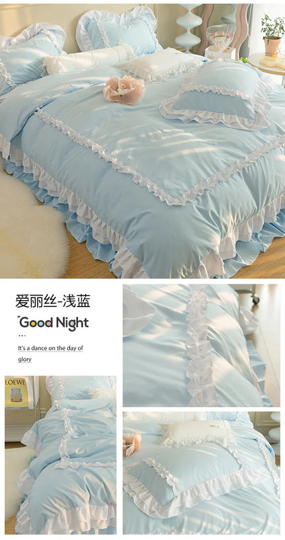 Korean Ins Bedding Set, Luxury Quilt Cover, Pillowcase Flat Bed Sheets, Simple Girl Princess Ruffle Home Textiles