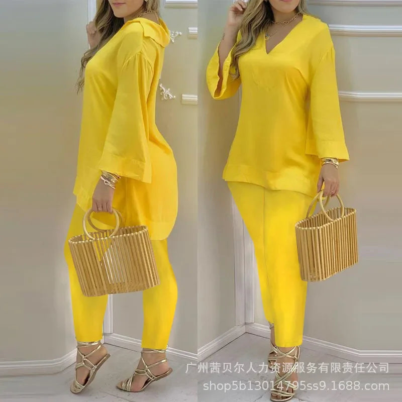 Women New 2pcs Clothes Set Long Sleeve V Neck Blouse Top High Waist Solid Color Shorts Pants Clothing Suit