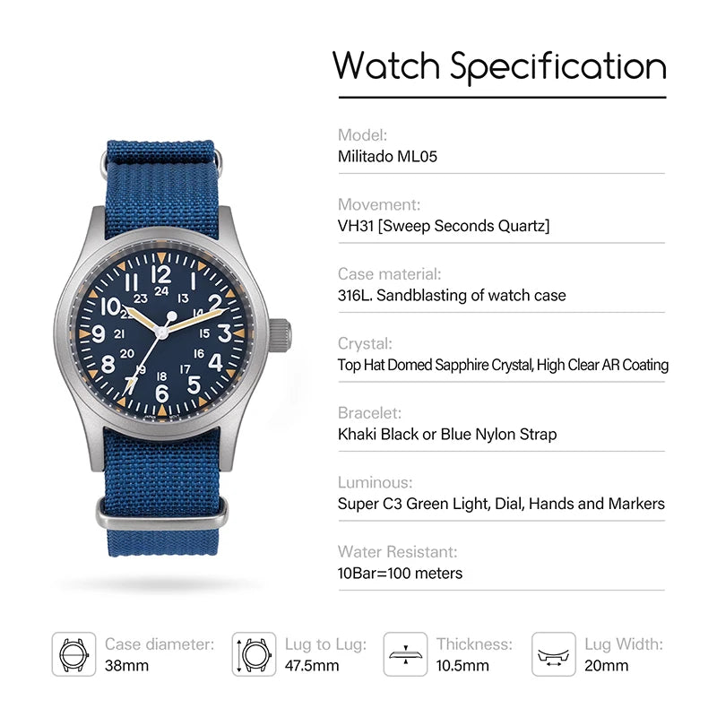 Militado ML05 38mm Men Watch VH31 Quartz Military Watches Domed Sapphire AR Coating 100m Waterproof Stainless Steel Wristwatch