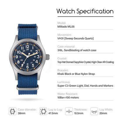 Militado ML05 38mm Men Watch VH31 Quartz Military Watches Domed Sapphire AR Coating 100m Waterproof Stainless Steel Wristwatch