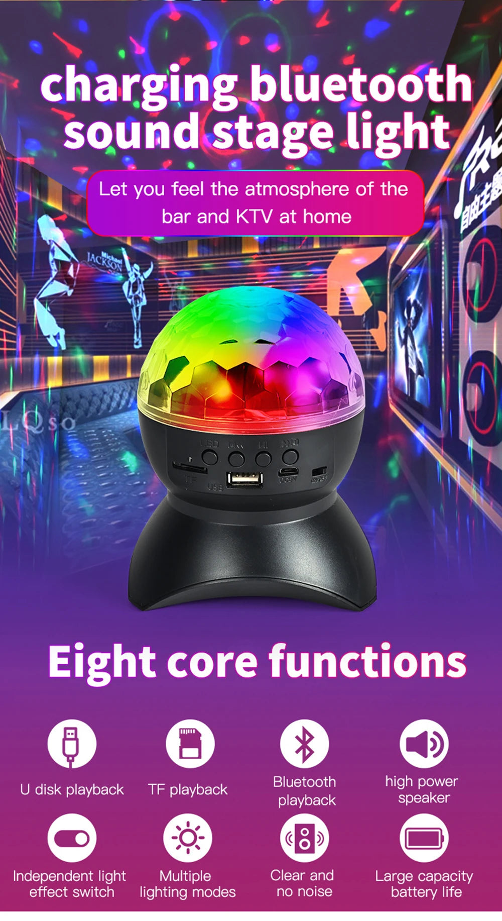 Dj Speakers Disco Ball Wireless Bluetooth Music Rotating Stage Light RGB Strobe Laser Projector Rechargeable Party Light