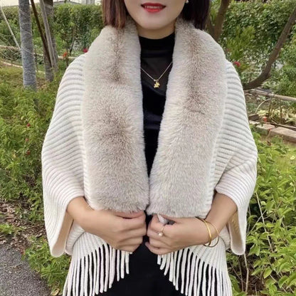 Ladies Knitted Loose Thickened Shawl Autumn Imitation Rabbit Fur Collar Sweater Winter Cardigan Knitted Wool Shawl Sweater Tops