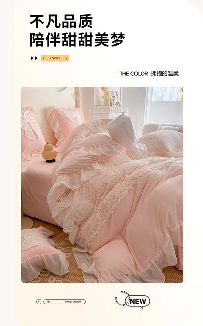 Korean Princess Bedding Set Coquette Lace Bow  Beauty Solid Color Lace Ruffle Comforter Sets Luxury Girls Wedding  Duvet Cover