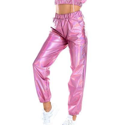 Women's Shiny Trousers Elastic Sports Loose Leisure Casual Long Trousers Sweatpants Jogging Bottoms Stretch Leggings Party