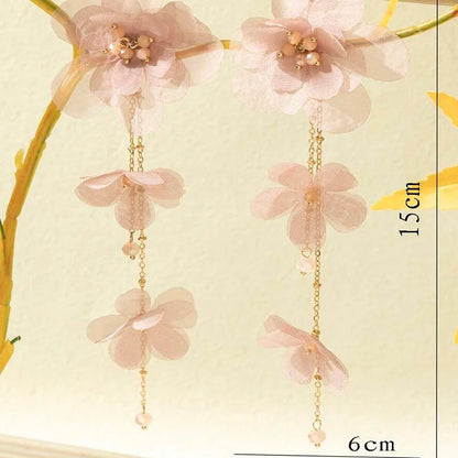 White Fabric Flower Drop Earrings For Women Gold Plating Chain Long Tassel Faceted Acrylic Beads Dangle Earrings Trendy Jewelry