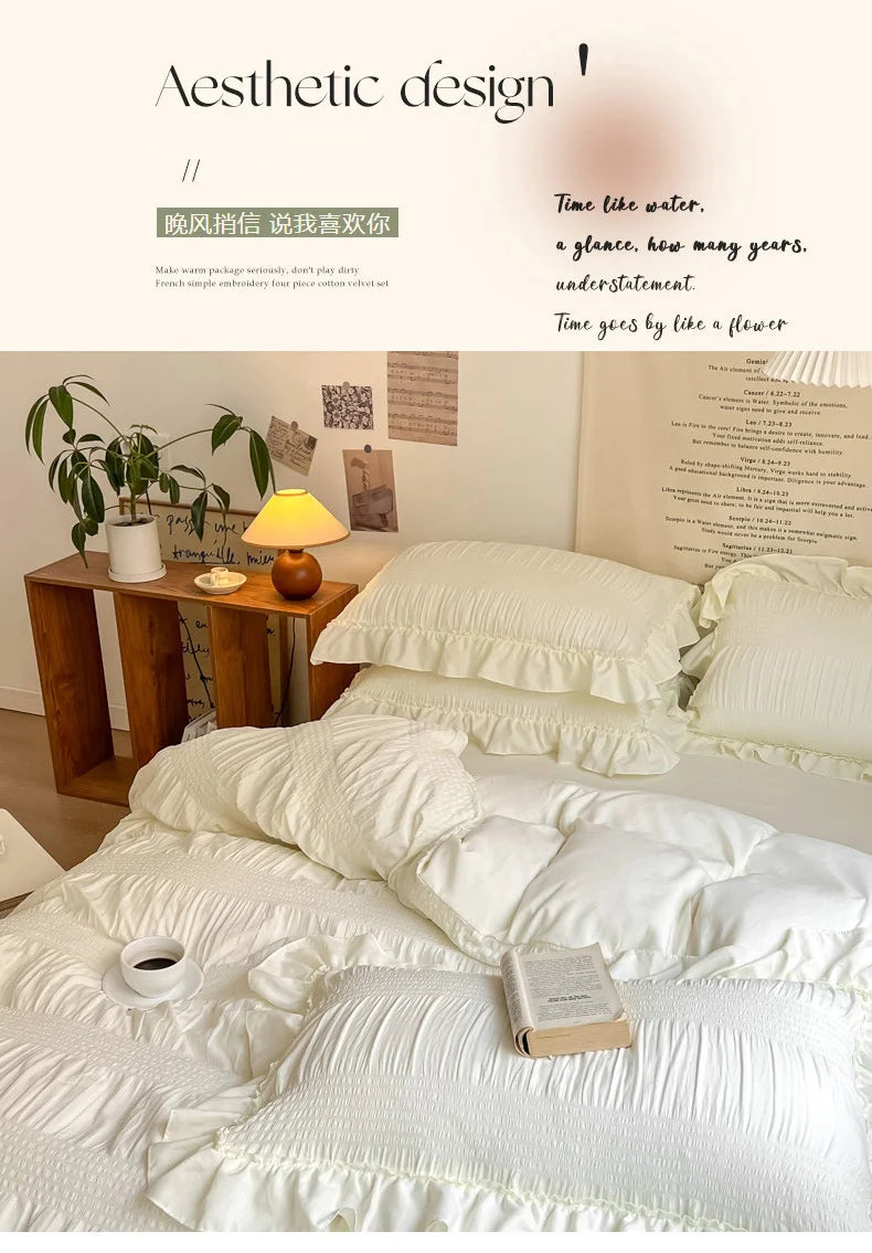 Ins Style Korean Bedding Set Lace Seersucker 4-piece Bed Sheet Set Quilt Cover Solid Duvet Cover For Girl Spring Decor Home