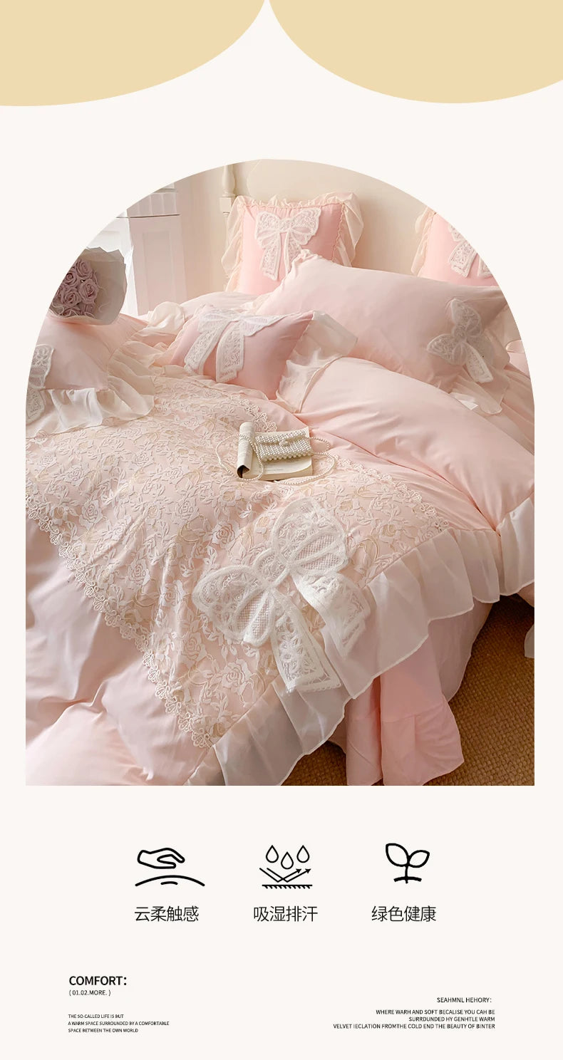 Korean Princess Bedding Set Coquette Lace Bow  Beauty Solid Color Lace Ruffle Comforter Sets Luxury Girls Wedding  Duvet Cover