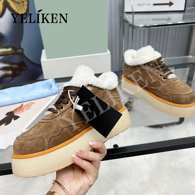 2024 Winter Trend Woman Wool Chunky Casual Shoes Ladies Lace-up Platform Cotton Shoes Slip-On Cow Suede Women Shoes Large Size