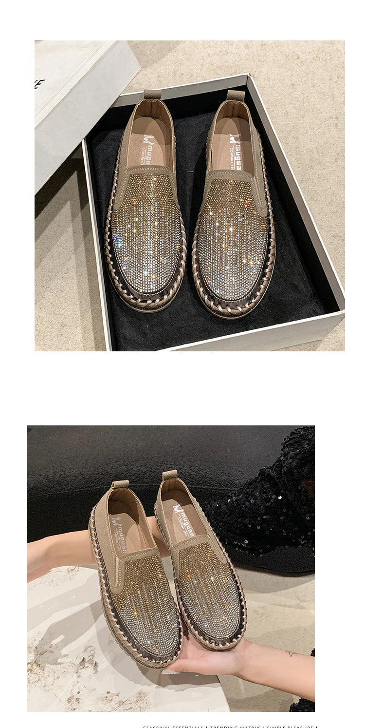 2025 New High Quality Women's Water Diamond Casual Shoes Shiny Flat Vulcanized Shoes Luxury Designer Thick Bottom Casual Shoes