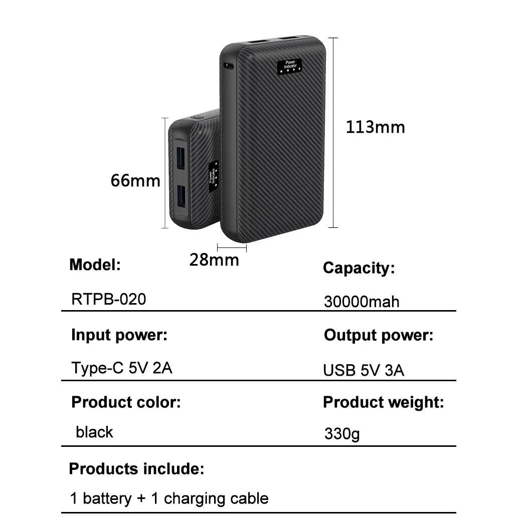 30000mAh Power Bank 5V 3A  Portable Charger Charging Power Supply Phone External Battery For Heated Vest Socks Heated Clothing