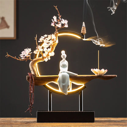 Ceramic Maid Wood Backflow Incense Burner with 20 cone USB Led Light Circle Lotus Buddha Beads Home Office Decoration Furnishing