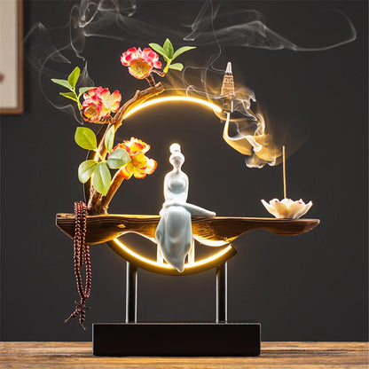 Ceramic Maid Wood Backflow Incense Burner with 20 cone USB Led Light Circle Lotus Buddha Beads Home Office Decoration Furnishing