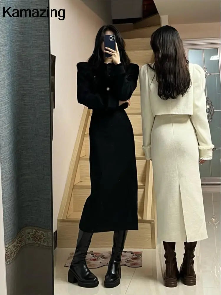 Korean Fashion Elegant Two-piece Skirt Sets Women Crop Jacket Coat Bodycon Midi Skirt Autumn Winter New Female Luxury Outfits