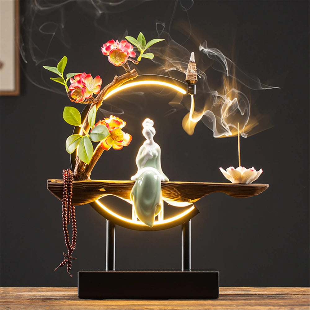 Ceramic Maid Wood Backflow Incense Burner with 20 cone USB Led Light Circle Lotus Buddha Beads Home Office Decoration Furnishing