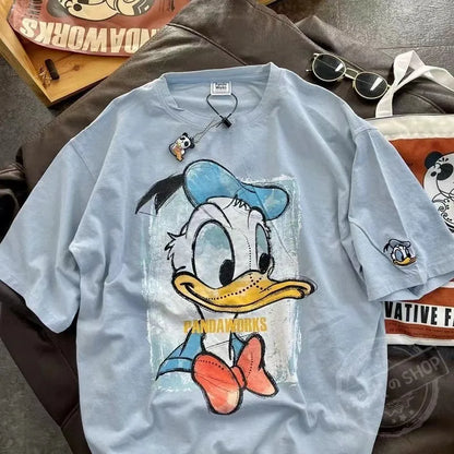 Cotton back collar summer new cartoon anime Donald Duck print round neck short sleeved T-shirt for men and women loose fit