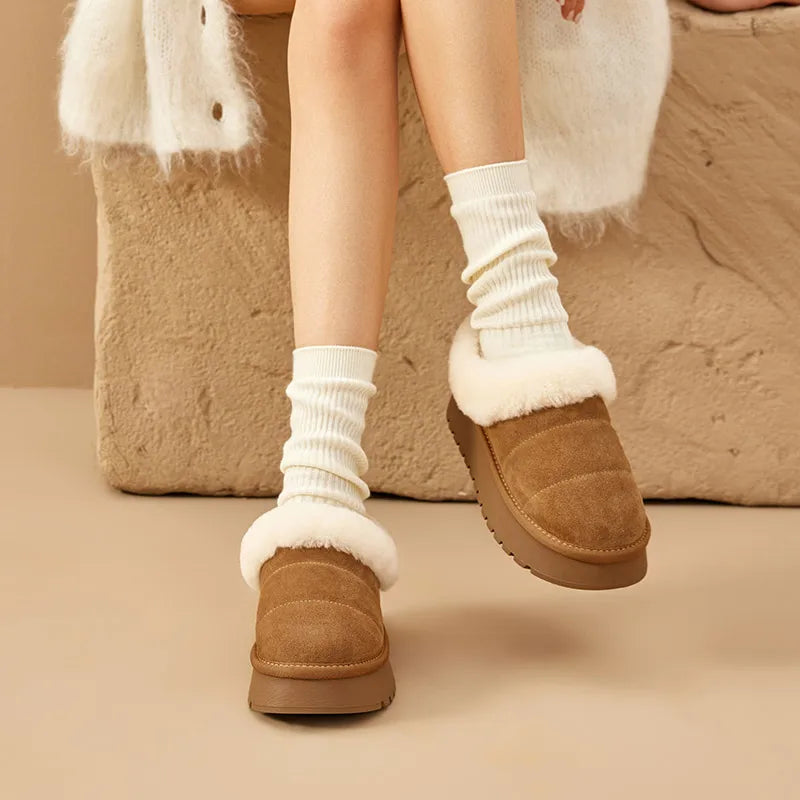 BEAUTODAY Furry Slippers Women Cow Suede Round Toe Winter Warm Plush Slip-on Ladies Concise Flats Shoes Handmade 22818