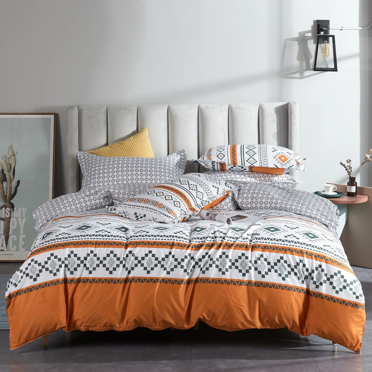 Striped Grey Duvet Cover Twin Queen Size Reversible Neutral Orange Plaid Quilt Cover Geometric Bedding Set Microfiber 3 Pcs Set