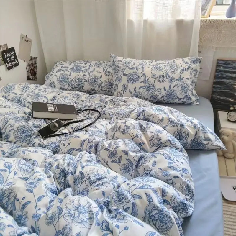 Floral Blue Bedding Set No Filler Ins Style Duvet Cover Pillowcase Flat Sheet Single Twin Queen Size Boys Girls Bed Linens