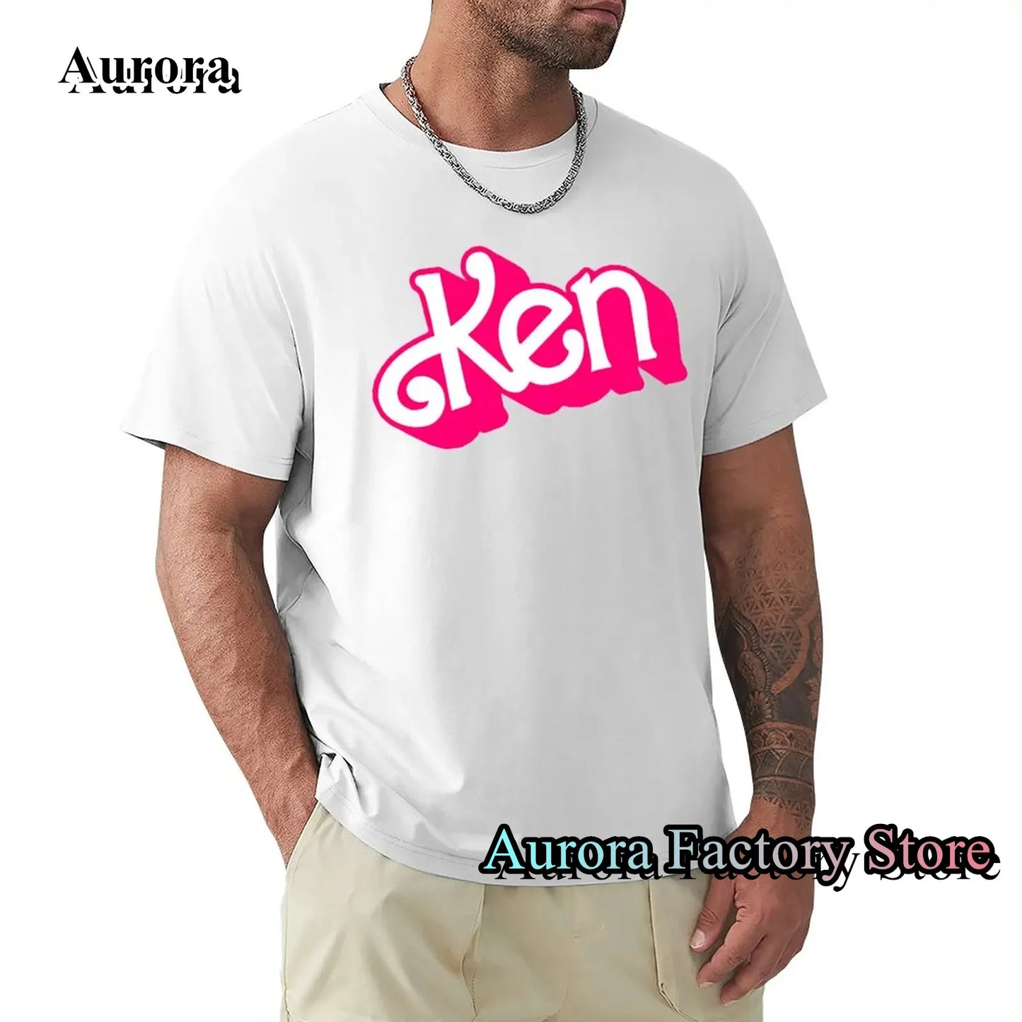 Men Summer Fashion Cotton T-Shirt Pink Ken Letter Print Tops Tees Male Casual O-Neck Clothing Short Sleeve Harajuku Streetwear