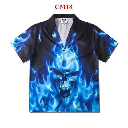 Stylish Flame Skull Printed Hawaiian Shirt Men 2024 Summer New Short Sleeve Beach Shirts Mens Holiday Party Oversized Clothing