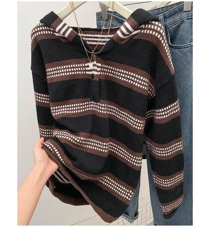 Plus Size Women's Clothing 2024 Autumn and Winter New Fashion Lazy Knit Sweater Chubby Girl Striped Hooded Sweater Jacket Coat