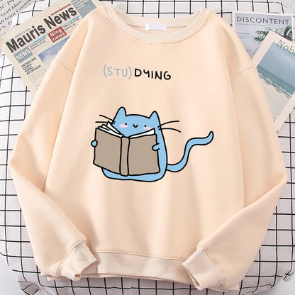 Females Sweatshirts Love Studing Cute Cat Printed Tops Womens Korean Fashion Oversize Sweater Kawaii Animal 2022 New Lady Hoodie