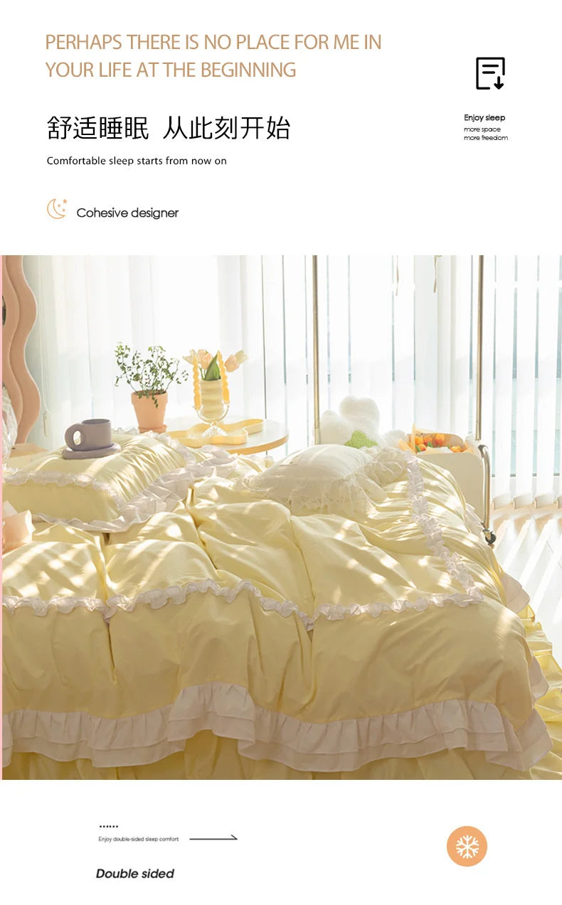 Korean Ins Bedding Set, Luxury Quilt Cover, Pillowcase Flat Bed Sheets, Simple Girl Princess Ruffle Home Textiles