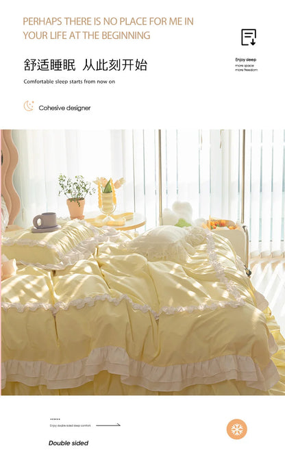 Korean Ins Bedding Set, Luxury Quilt Cover, Pillowcase Flat Bed Sheets, Simple Girl Princess Ruffle Home Textiles