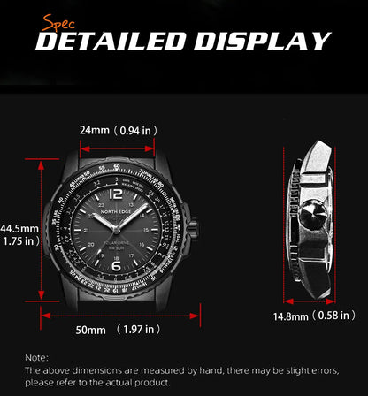 ساعة NORTH EDGE PHOTON العسكرية الرقمية للرجال مقاومة للماء حتى عمق 50 متر، ساعات يد رياضية للرجال تعمل بالطاقة الشمسية، ساعة مضيئة صديقة للبيئة