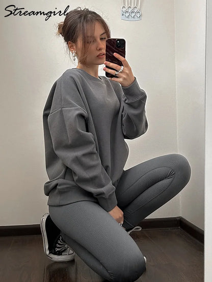 Autumn Oversized Sweatshirts Women Cotton Loose Pullovers Red Round Neck Sweatshirt For Women Oversize Tops For Couples 2024