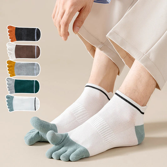 5 Pairs Man Toe Boat Socks Summer Cotton Mesh Breathable Sweat-Absorbing Patchwork Striped Elastic Ankle 5 Finger Sport Socks