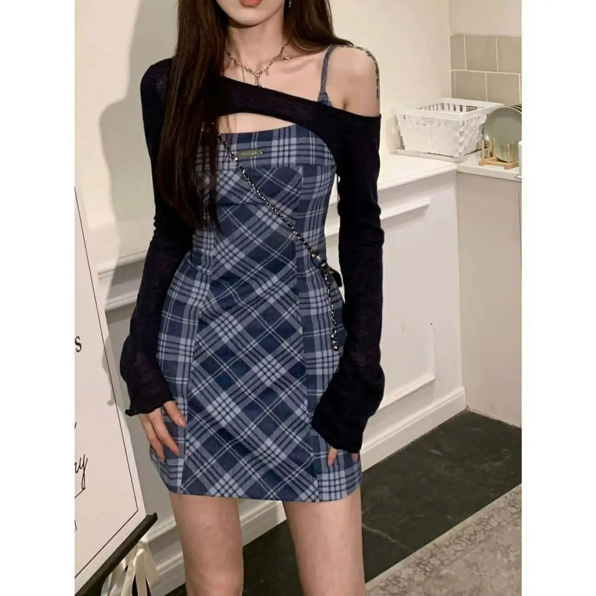 Dress Sets Women Plaid Sleeveless Chic Hip-covering Korean Fashion Sweet Spicy Girls Streetwear Summer Popular Trendy Outfits