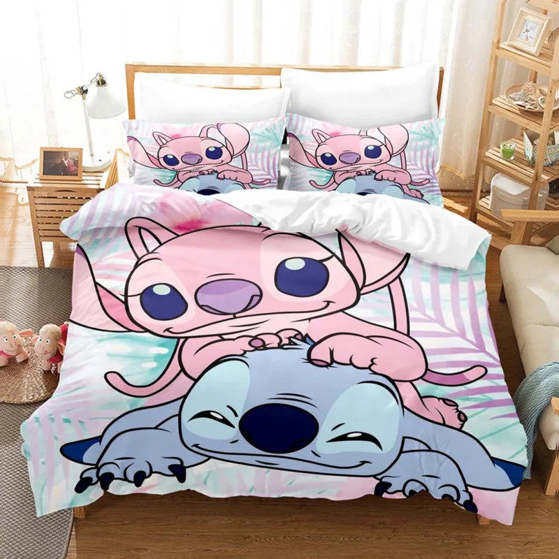 Cartoon Disney Stitch Angel Duvet Cover Set Stitch Post Quilt Cover Pillowcase Bedding Set Kids Adult Comfortable Set Twin King