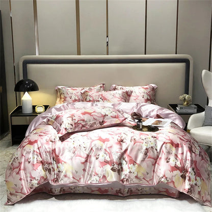 Blend Mulberry Silk 4 Pieces Bedding Set, 1PC Duvet Cover, 1PC Bed Sheet, 2PCS Pillowcases, Luxury Home Textiles Bedclothes