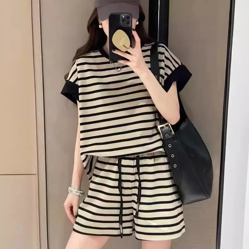 Women Striped Clothing Sets Short Sleeve T-shirt+Drawstring Shorts Two Pieces Suits Summer Loose Tracksuit Ladies Casual Outfits